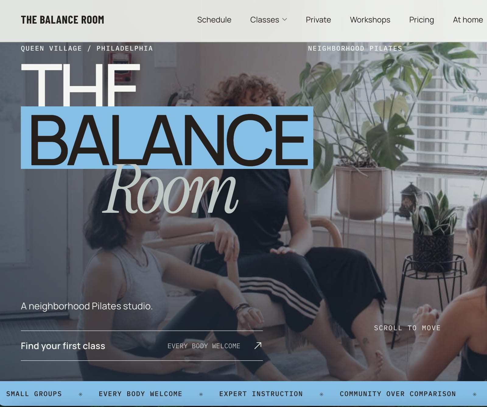 The new Balance Room website’s home page: “The Balance Room” over a photo of three people talking in the studio among houseplants